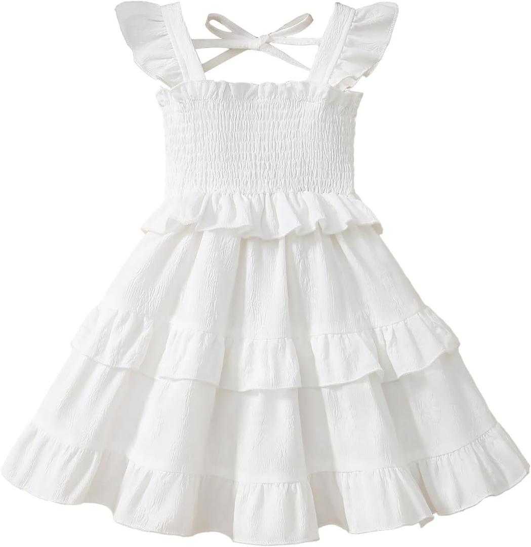Toddler Girls Summer Smocked Dress Flutter Sleeve Tiered Ruffle Sundress (White, 3-4Y)
