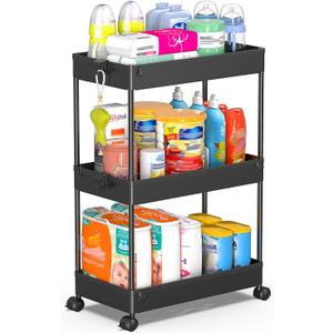 SPACEKEEPER Rolling Storage Cart 3 Tier Bathroom Cart Organizers with Wheels Laundry Room Organization Mobile Shelving Unit Utility Cart Storage Shelves Multi-Functional for Office, Home, Black