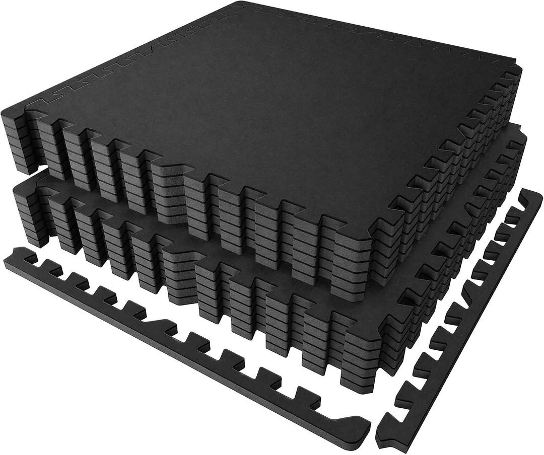 PRAISUN 0.56" Rubber Top Gym Flooring, Heavy Duty Interlocking Gym Mats for Home Gym, Non-Slip Workout Mat, 24 x 24in Large Gym Floor Mat, Protect Floors from Weights & Equipment, 48 Sq Ft, Pure Black