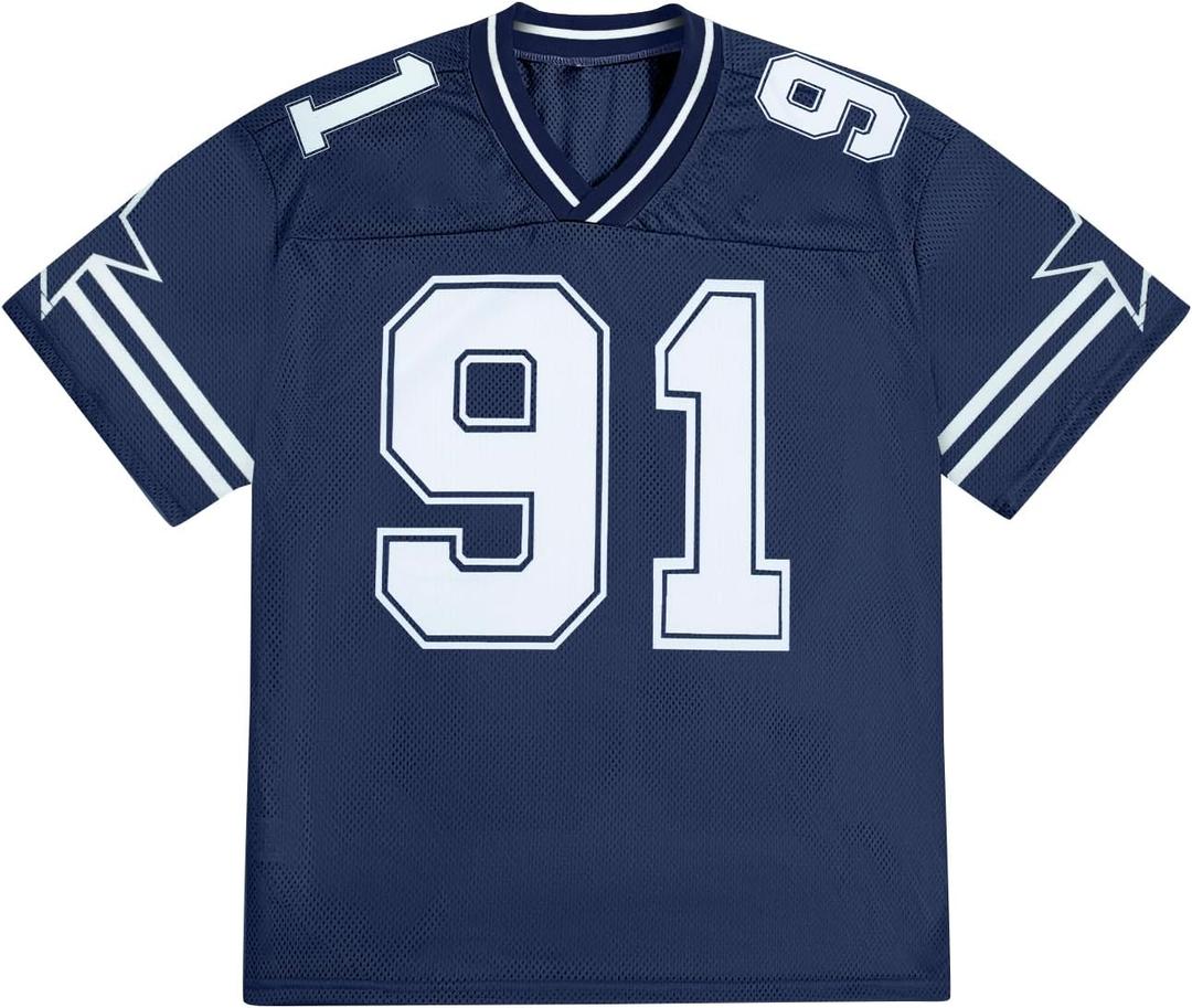 Jersey Shirts for Men Y2k Graphic Number Oversized Tees V Neck Baggy Streetwear T Shirt Summer Tops (Large, Blue)