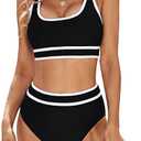 Blooming Jelly Women's Bikini Sets High Waisted Two Piece Swimsuits Sporty Color Block Cheeky High Cut Bathing Suits (Black, Medium)