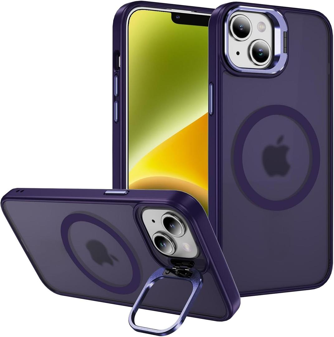 3 x DEERLAMN for iPhone 14/iPhone 13 Case with Stand,[Compatible with Magsafe][Built-in Camera Bracket] Shockproof Drop Protection Slim Translucent Matte Phone Cover for Women Men-Dark Purple