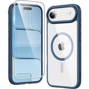 FNTCASE for iPhone Air Case Clear: Magnetic Phone Cases with Screen Protector Drop Proof Compatible with Magsafe Slim Anti Yellowing Rugged Shockproof Protective Transparent Cell Cover (B-Blue)