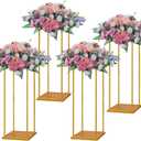 YALLOVE Gold Flower Stand Set of 4, 23.6 Inch Tall Metal Square Centerpieces for Wedding Reception Table Decoration, Plant Display Rack at Home, Geometric Flower Holder with Top and Bottom Plate