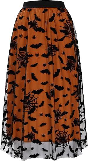 Halloween Tulle Skirt Women Pumpkin Elastic Waist Layered Mesh Midi Halloween Witch Skirt