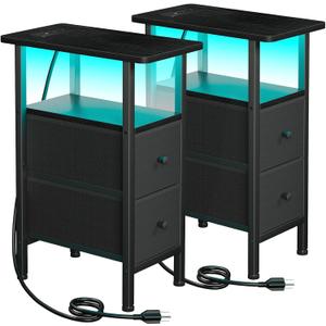 Narrow Nightstand with Charging Station, End Tables Living Room Set of 2, Skinny Side Table with Fabric Drawers, Small Sofa Table with LED Light for Bedroom, Black, HETNDP02LBK