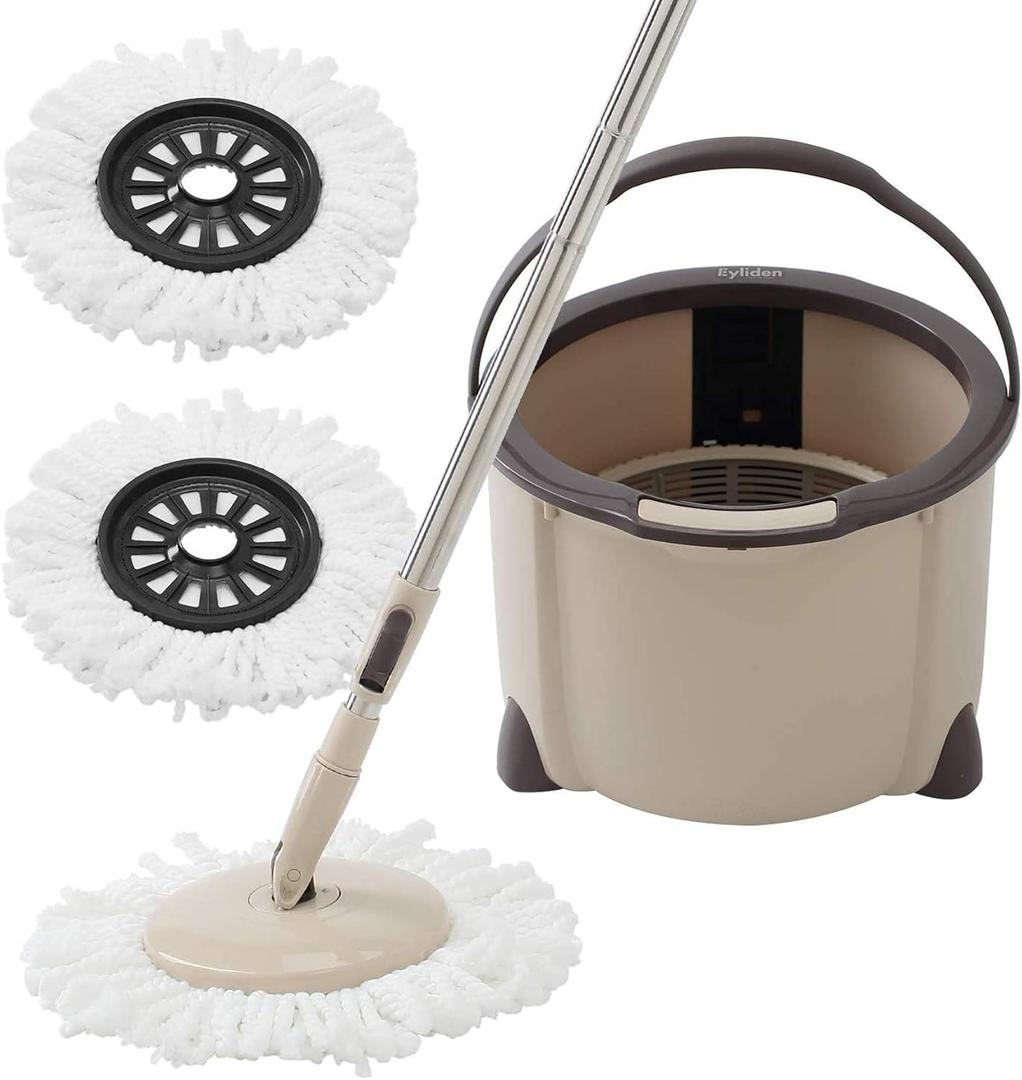 Eyliden Spin Mop and Bucket Set, 2 Microfiber Mop Heads, Adjustable Stainless Steel Handle, Self-Cleaning Mop Bucket System for Hardwood, Tile, Vinyl Floors, Brown