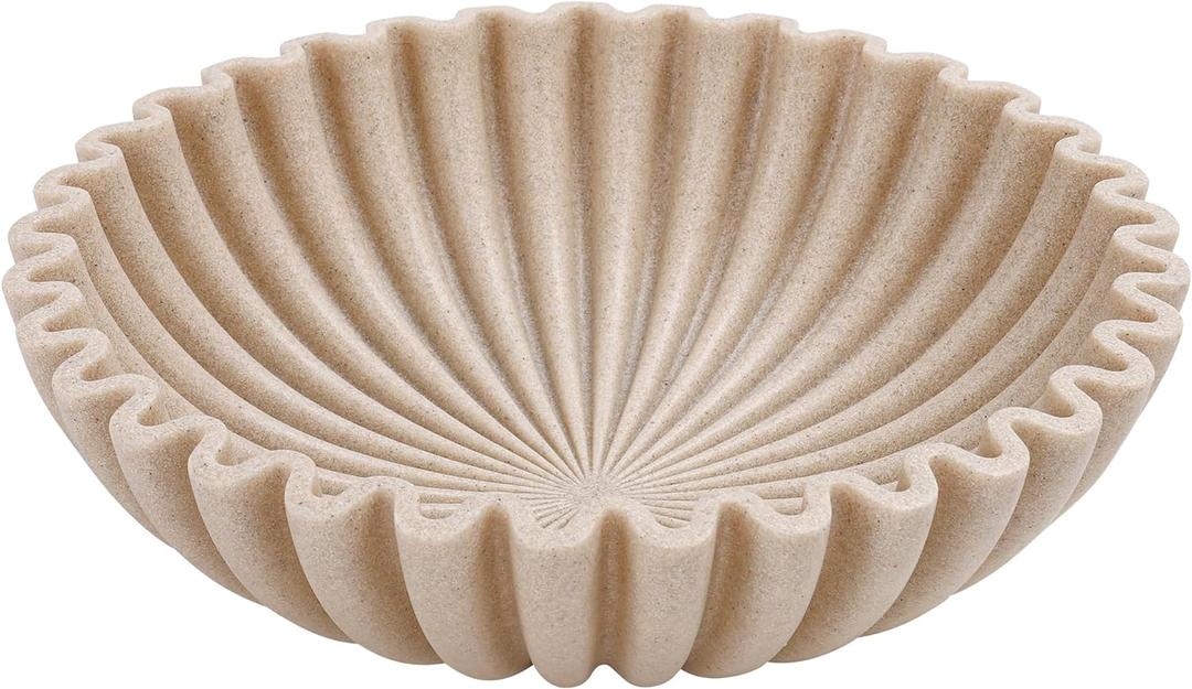 YMXYJM Large Decorative Bowl, Modern Handicraft Bowls for Home Decor, Decorative Fruit Bowl for Kitchen Counter, Ruffle Decor, Stylish Key Bowl for Entry Table, Artificial Stone Beige