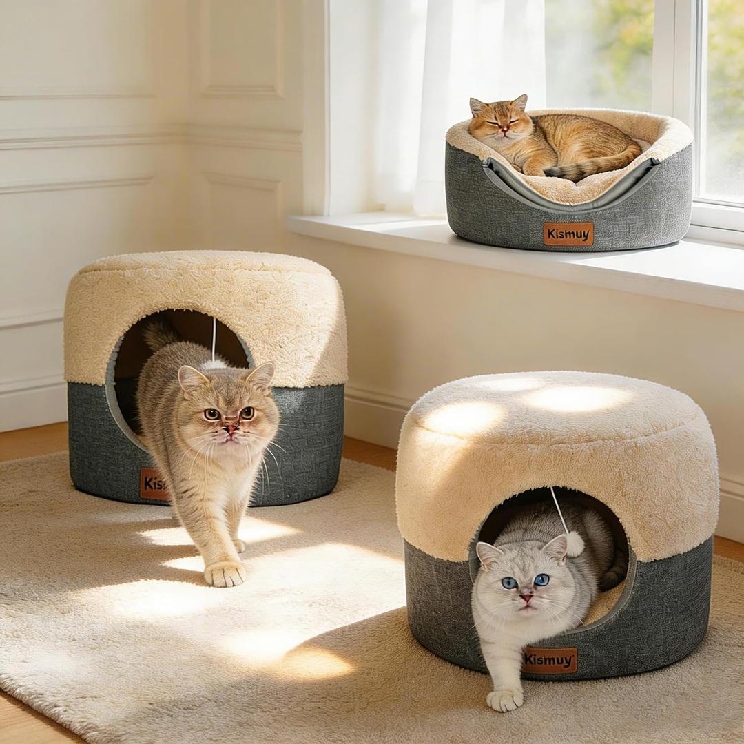 2 Pack 2-in-1 Cat Cave Bed, Cozy Covered Cat Beds for Indoor Cats | 15.7"D x 13"H, Cave To Bed In Seconds, Ideal For Cats That Love To Curl Up, Pet-Safe Materials, Machine Washable, Grey