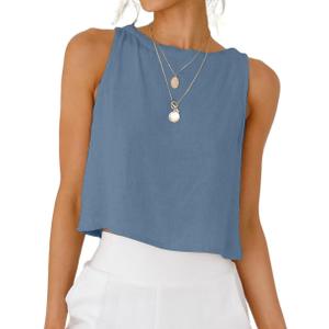 IDEALSANXUN Women's Linen Crop Tank Tops Cute Summer Sleeveless Cropped Linen Tops (Grey Blue)XS