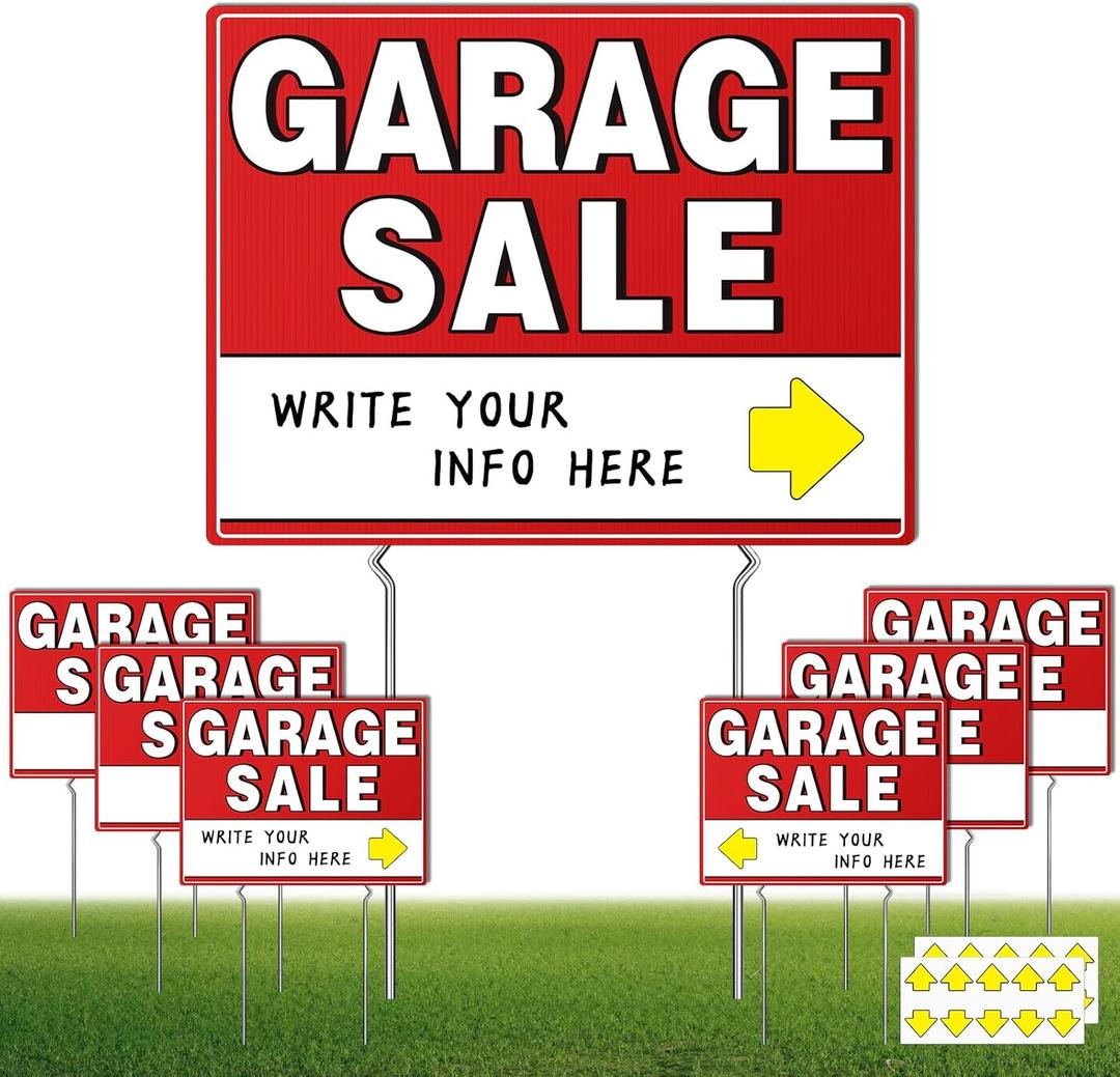 7 Pcs Garage Sale Sign With Metal Stakes, 17" x 13", Double-Sided With 20 Directional Arrow Stickers, Large Yard, Weather-Proof