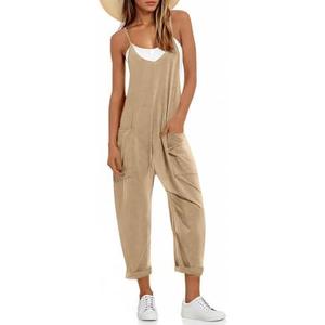 Fisoew Women's Summer Sleeveless Loose Casual V Neck Jumpsuits Spaghetti Strap Long Pants Baggy Overalls with Pockets, Large, Light Coffee