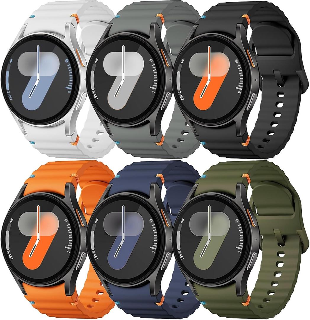 Sport Band for Samsung Galaxy Watch 7 Band 40mm 44mm,No Gap Soft Silicone Strap for Galaxy Watch 6 5 4 FE Band 40mm 44mm/Galaxy Watch 6/4 Classic 47mm 43mm 46mm 42mm/Watch 5 pro 45mm Men Women,6 Pack (01-Black/White/Dark grey/Army Green/Deep Blue/Orange)
