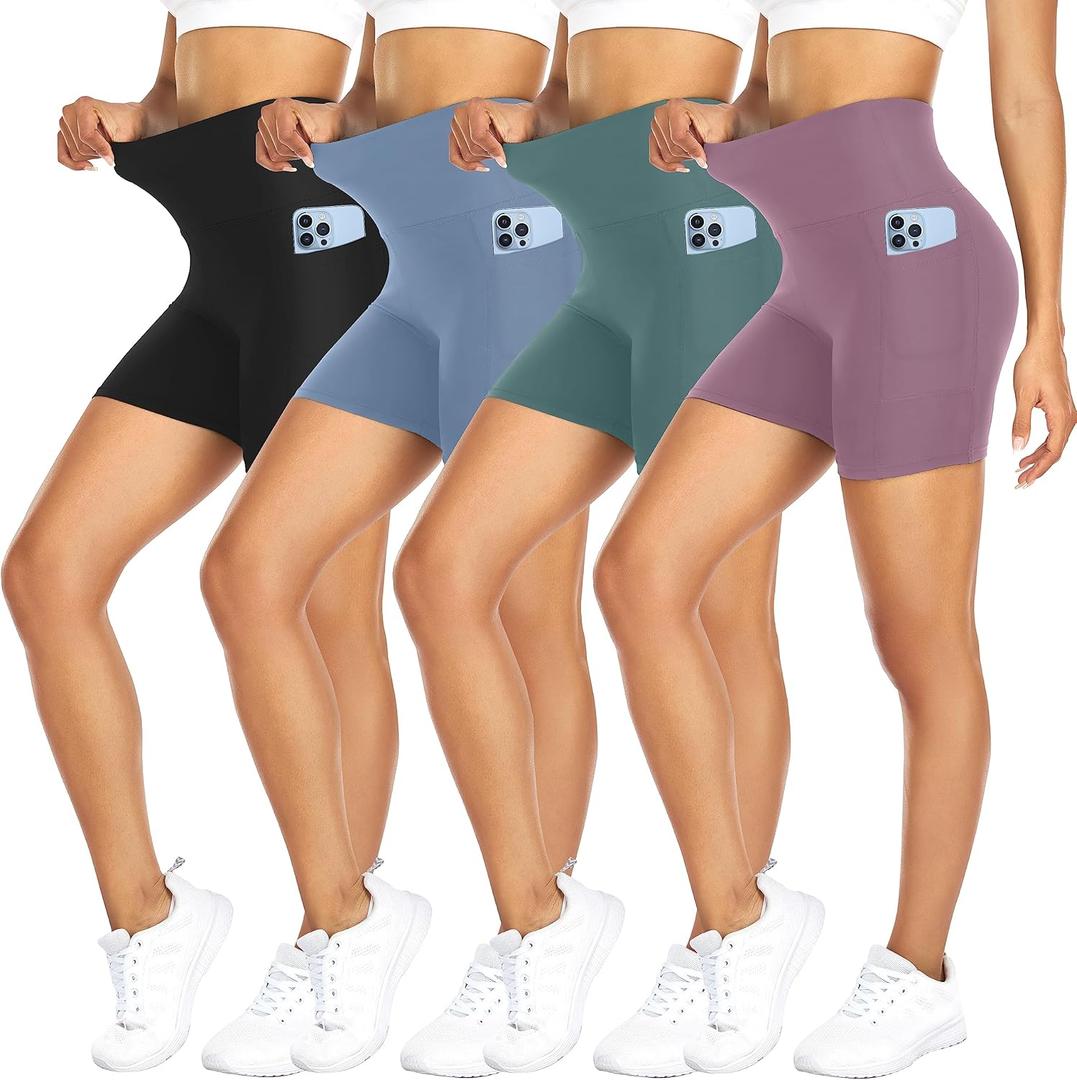 FULLSOFT 4 Pack Biker Shorts for Women – 5" High Waist Tummy Control Workout Yoga Running Compression Exercise Shorts with Pockets(4 Pack Black/ Pink/ Ins Green/ Blue, Large-X-Large)