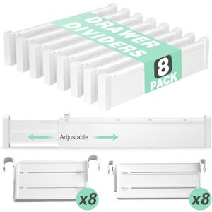 Expandable Drawer Dividers, Adjustable Drawer Organizers for Utensils, Clothes with 8 Drawer Separators(12.6-22.8''), 16 Inserts(3.9-7.1''), Drawer Divider in Kitchen, Bedroom, Office Storage (White)