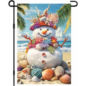 INV Christmas Beach Garden Flag 12x18 Inch Double Sided Shell Snowman Yard Banner Porch Outdoor Seasonal House Lawn Tropical Xmas Decoration Holiday Decor for Lawn Porch Seasonal Display