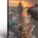 Framed Jesus Canvas Wall Art Jesus Lamb Walking on the Beach Wall Decor Gallery Decoration Unique Print Living Room Bedroom Church Christian Decor 12x16 Inch Ready to Hang