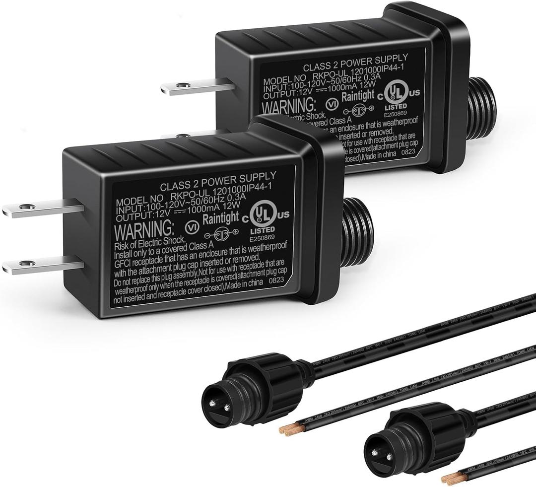 12V 12W 1A Class 2 Power Supply 2 Pack, AC to DC Low Voltage Transformer, IP44 Inflatable Power Adapter for LED Strip Lights, Christmas Decor Light, Indoor/Outdoor Use, UL Listed