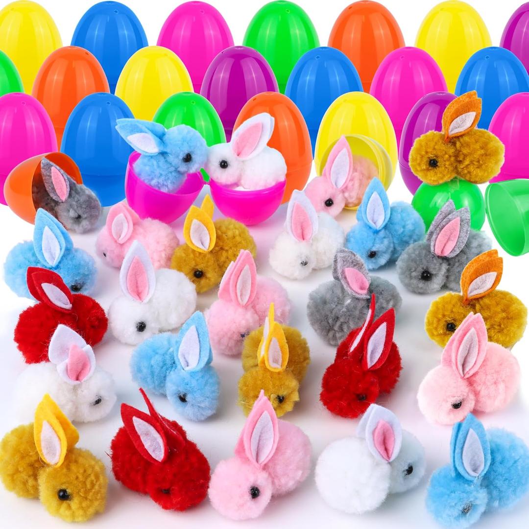 24 Pack Easter Eggs Fillers with Mini Bunny Plush, Easter Basket Stuffers Easter Egg with Toys Inside for Kids, Mini Stuffed Bunny Animals, Easter Hunts Party Favors Surprise Eggs for Boys Girls