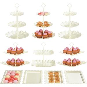 10 Pack Cake Stand Set with 3 x Two-Tier and 3 x Three-Tier Cupcake Stands, Plastic Dessert Table Stand Set 3 Tired Cookie Tray and 4 Pcs Dessert Trays