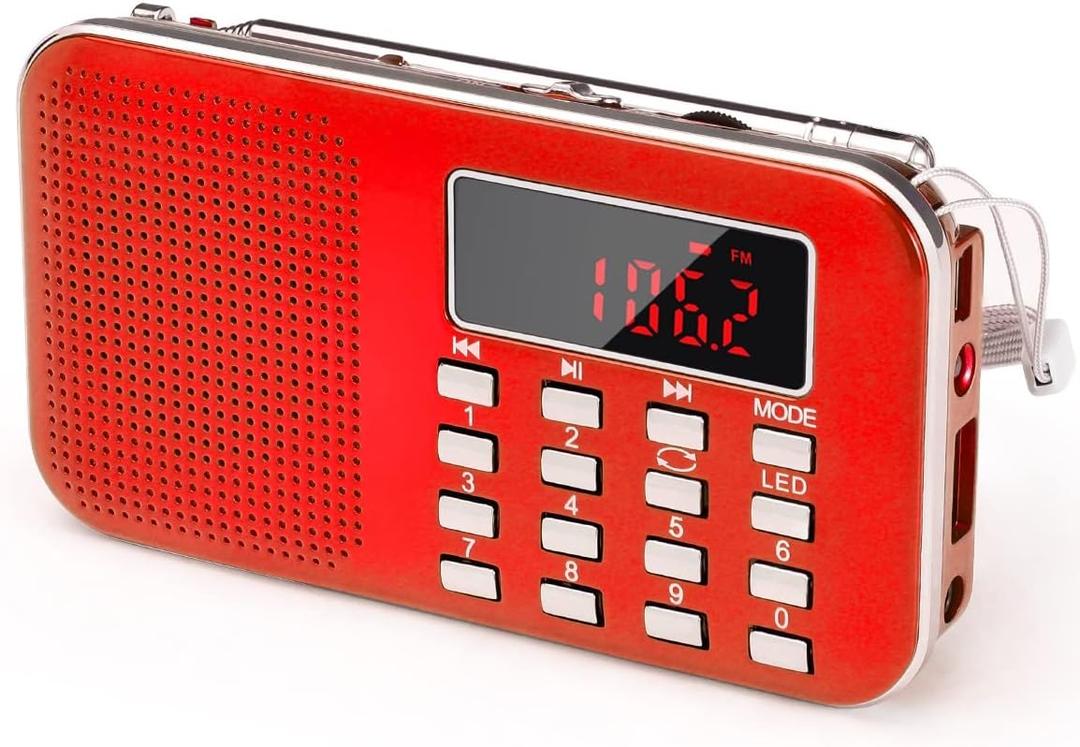 PRUNUS Mini Portable Radio AM FM Pocket Radio with MP3, LED Flashlight, Digital Radios Speaker Support Micro SD/TF Card/USB, Auto Scan Save, 1200mAh Rechargeable Battery Operated[Latest Version] (Red)