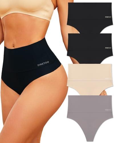 FINETOO Women Underwear High Waisted Thongs Tummy Control Seamless Thongs Shapewear No Show Panties 4 Pack Size Large