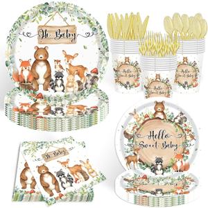 140pcs Woodland Animals Baby Shower Decoration Pack Forest Animal Neutral Gender Reveal Party Supplies Woodland Themed Birthday Party Ideas Set