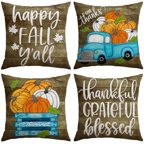 Pack of 2 Artscope Fall Decorative Throw Pillow Covers 18x18 Inch Set of 4, Happy Fall Pumpkin Truck Thankful Grateful Blessed Outdoor Farmhouse Pillow Cases for Home Sofa Couch-Blue Brown