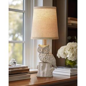 G-SAFAVA 14.25" Small Table Lamp for Living Room Farmhouse Bedside Resin Single Lamp with White Owl Lamp Shape for Bedroom Retro Rustic Nightstand Lamp
