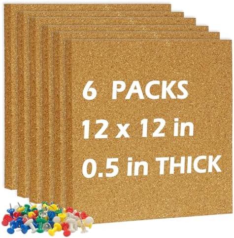 DOLLAR BOSS Cork Board Tiles, 6 Packs 12" x 12" 1/2" Thick Cork Bulletin Board Self Adhesive Corkboards for Walls with 60 Pushpins for Home Office Kitchen School Decor Display