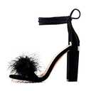 Richealnana Women's Ankle Strap Lace Up Gladiator Strappy Fuzzy Cozy Strappy Open Toe Dress Artificial Fur Feather Block Chunky High Heels Party Sandals Black Size 7