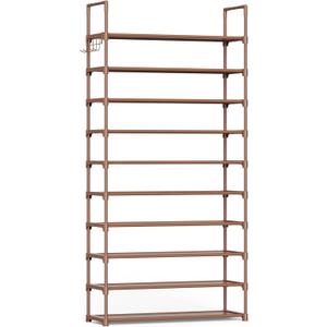 Kitsure Shoe Rack for Closet - 10-Tier Shoe Organizer with Hook Rack, Large-Capacity & Space-Saving Shoe Shelf for Entryway, Bedroom, Living Room, 32.2" x 11.8" x 68.5", Brown