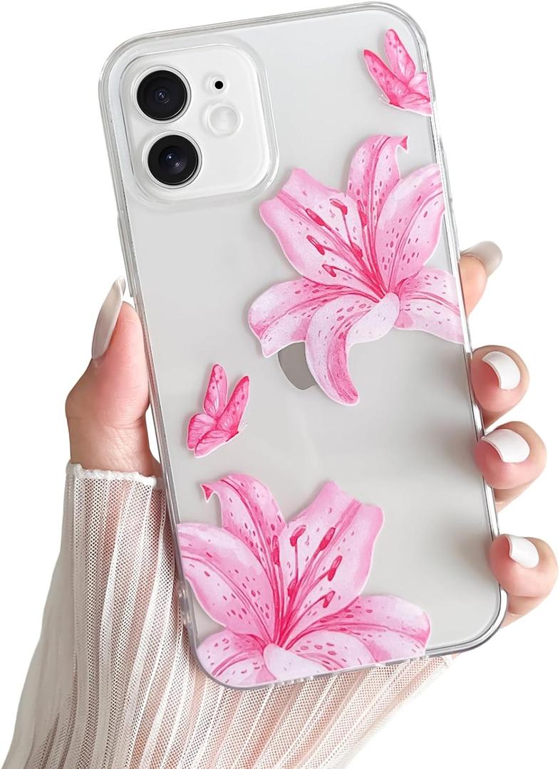 Skyseaco for iPhone 11 Case, Clear Cute Butterfly Lily Floral Flower Phone Case for Women Girls, Clear Slim Camera Lens Shockproof Protection Phone Cover, HotPink