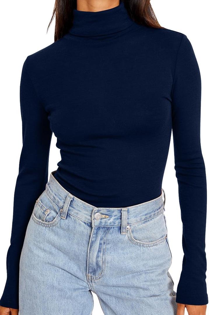 Trendy Queen Women's Turtleneck Long Sleeve Shirts Fall Fashion Basic Thermal Underwear Tops Winter Clothes 2025 (Medium, Navy)