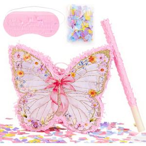Butterfly Party Decorations Set with Bat and Blindfold, 14 x 12 in Pink Butterfly Birthday Piata with Bow and Wildflower Print, Girls Birthday Party Decorations