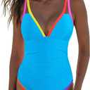popvil Women's One Piece 2025 Tummy Control Swimsuits Neon Color Block Swimwear Deep V Neck Slimming Bathing Suit (X-Large, Black1)