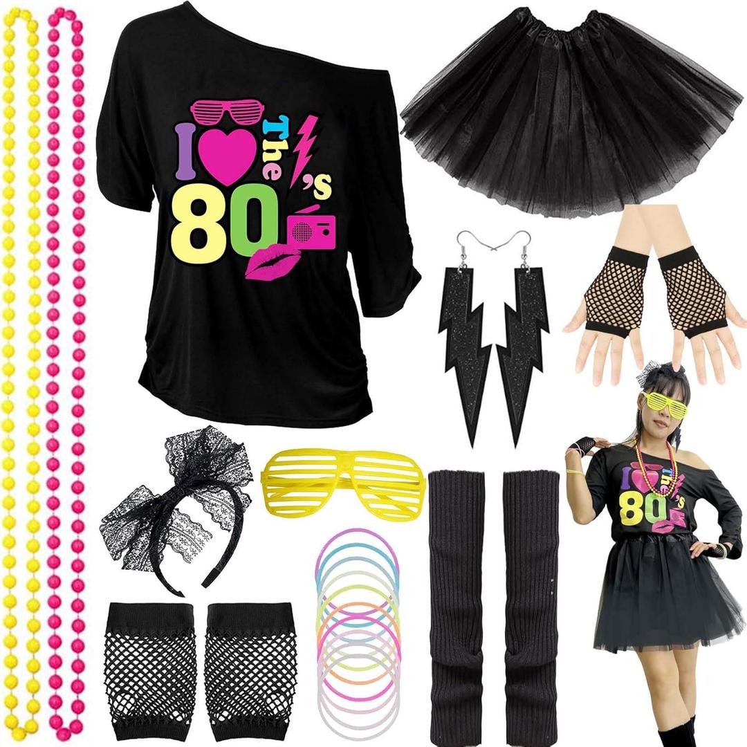 80s costumes for woman, 80s outfit woman costume outfits 21PCS womens 80's shirts accessories dress1980s clothing (Black, L)