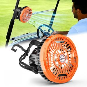 36 Hrs Long Runtime Golf Cart Fan 7-Inch Large Battery Powered Golf Fan w/3 Speeds & LED Bright Light, Remote Control, w/Hang Hook, Can Charge Your Phone, Stay Firmly, 1 PC