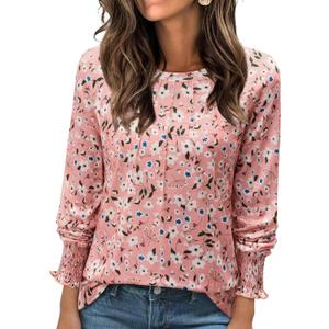 Long Sleeve Shirts for Women 2026 Spring Dressy Casual Blouses Pleated Crewneck Tunic Tops for Leggings Cute Tee (XX-Large, Pink Floral)