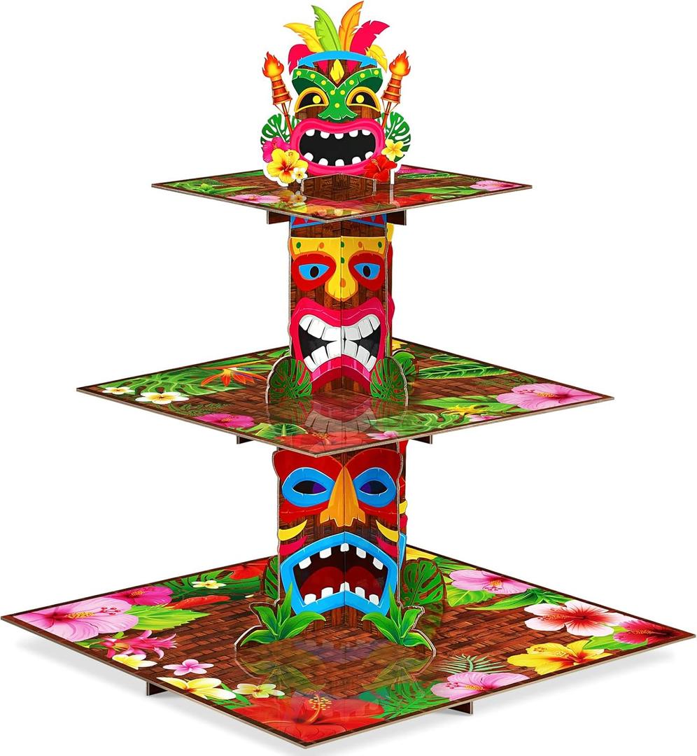Zopeal 3 Tier Hawaiian Cupcake Stand Tiki Torch Cupcake Holder Luau Theme Cake Holder Decorations Tropical Dessert Holder for Summer Pool Beach Birthday Party Supplies (1 Pack)