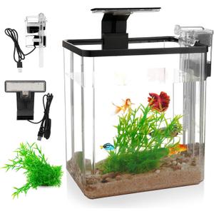 1.5 Gallon Aquarium Starter Kits - Plastic Fish Tank Kit Clear Beta Fish Tank Small with Filteration Oxygenation, Water Circulation, Lighting - Beginner's Gift for Guppy, Shrimp, Goldfish