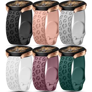 IKANFI 6Pack Engraved Band Compatible with Samsung Galaxy Watch 5 Band/Galaxy Watch 4 Bands/Galaxy Watch 3 Bands/Active 2 Watch Bands,20mm Leopard Silicone Sport Strap Replacement for Women Men (Black,Sand Pink,Grey,White,Smoke Purple,Blackish Green)