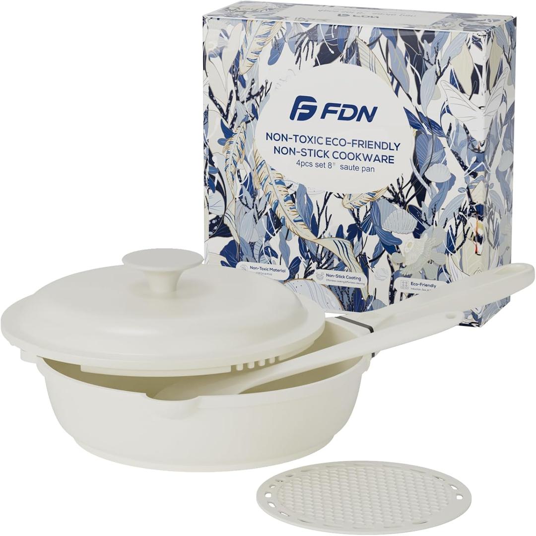 FDN 10-in-1 Titanium Saute Pan With Lid, 8 Inch Frying Pan With Silicone Spatula, Non Toxic PFAS-Free Cooking Pan, Induction Oven & Dishwasher Safe, Cream White For Daily Cooking