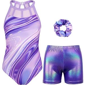Gymnastics Leotards for Girls With Shorts Sparkly Ballet Dance Mesh Tank Activewear, 120