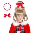 Miss U Hair Christmas Long Blonde Braided Funny Wig with Red Necklace and Ribbon Bow for Small Head