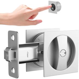 Brushed Nickel Pocket Door Hardware with Privacy Lock & Latch - Contemporary Style Square Pocket Door Lock with Edge Pull (1 Pack)