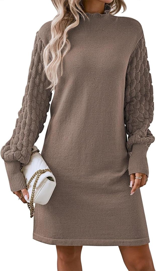 Sovoyontee Women's 2025 Fall Long Sleeve Mock Neck Sweater Dress Casual Loose Ribbed Knit Mini Short Pullover Dresses (Brown, S)