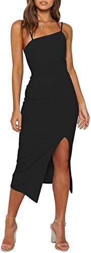 Owin Women's Adjustable Spaghetti Straps Sleeveless High Waist Split Midi Bodycon Cocktail Party Dress L