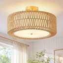 17.7" Rattan Flush Mount Ceiling Light,3-Light Hand-Woven Boho Ceiling Lights with Soft Fabric Diffuser,Farmhouse Drum Lighting Fixtures for Bedroom Hallway Kitchen,Bulbs Not Included(Brown)