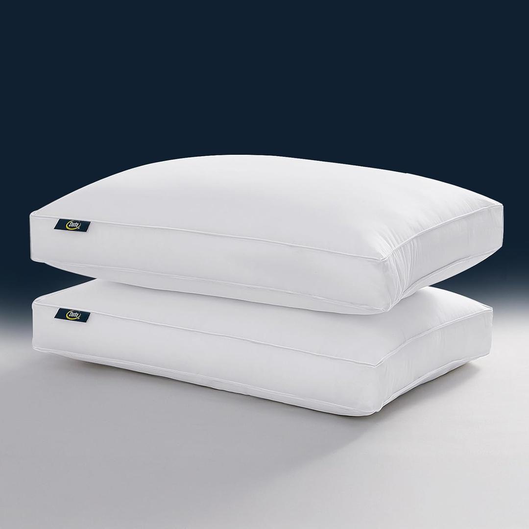 Serta Hotel Collection Pillows Queen Size Set of 2 White Goose Feather Down Fiber Gusseted 100% Cotton Pillow for Back, Stomach or Side Sleepers